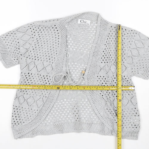 Chic Women Grey S Open Knit Short Sleeve Boho Tie Cardigan