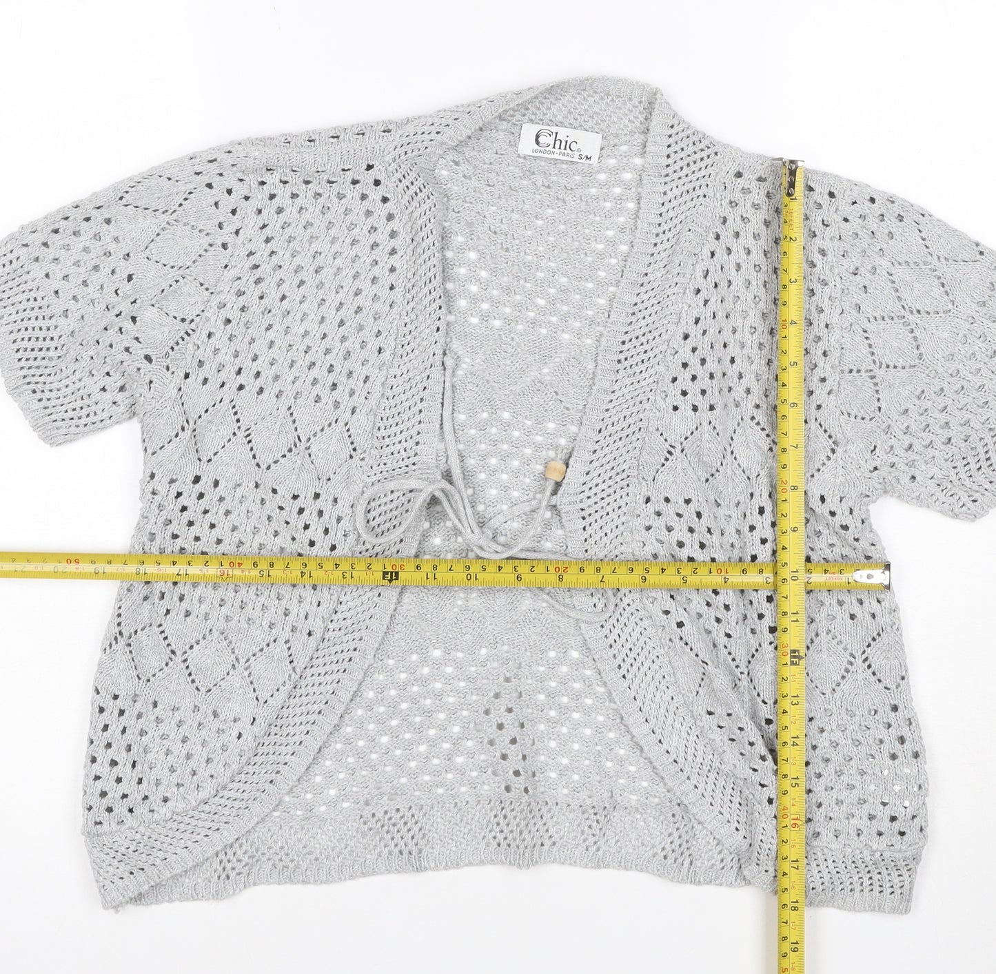 Chic Women Grey S Open Knit Short Sleeve Boho Tie Cardigan