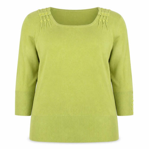 Roman Women Green UK 18 3/4 Sleeve Scoop Neck Button Knit Jumper