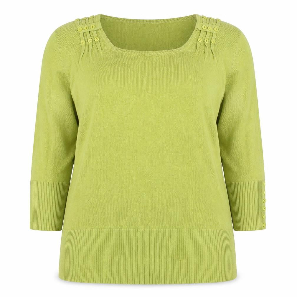 Roman Women Green UK 18 3/4 Sleeve Scoop Neck Button Knit Jumper
