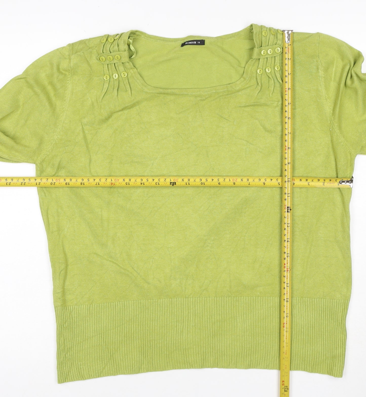 Roman Women Green UK 18 3/4 Sleeve Scoop Neck Button Knit Jumper
