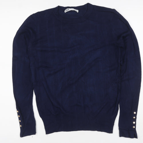 Zara Women Blue UK 12 Pullover Crew Neck Viscose Knit Jumper Button Cuffs