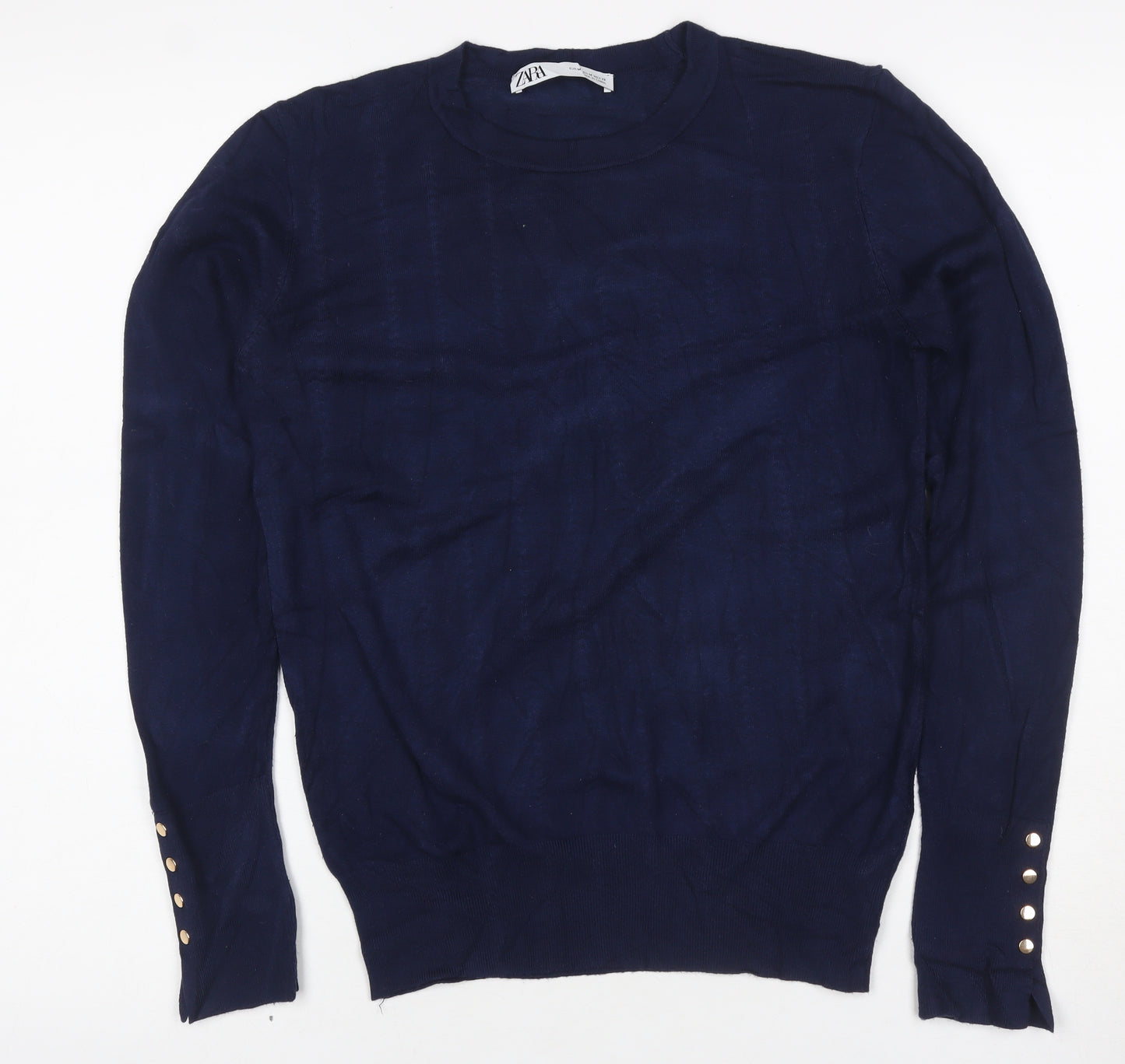 Zara Women Blue UK 12 Pullover Crew Neck Viscose Knit Jumper Button Cuffs