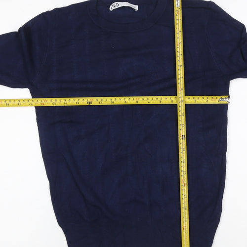 Zara Women Blue UK 12 Pullover Crew Neck Viscose Knit Jumper Button Cuffs