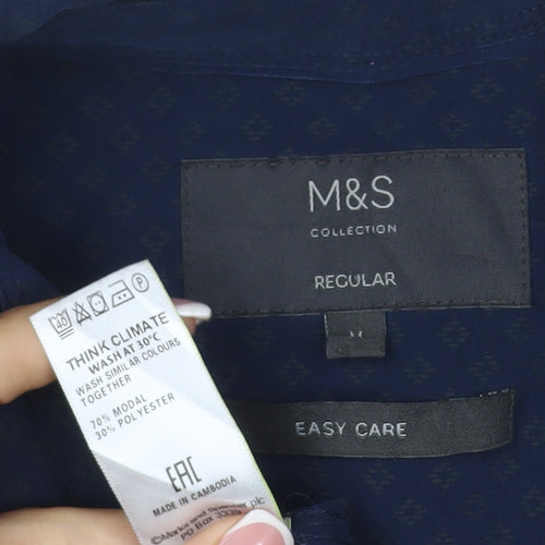 Marks and Spencer Men’s Blue M Regular Geometric Easy Care Shirt
