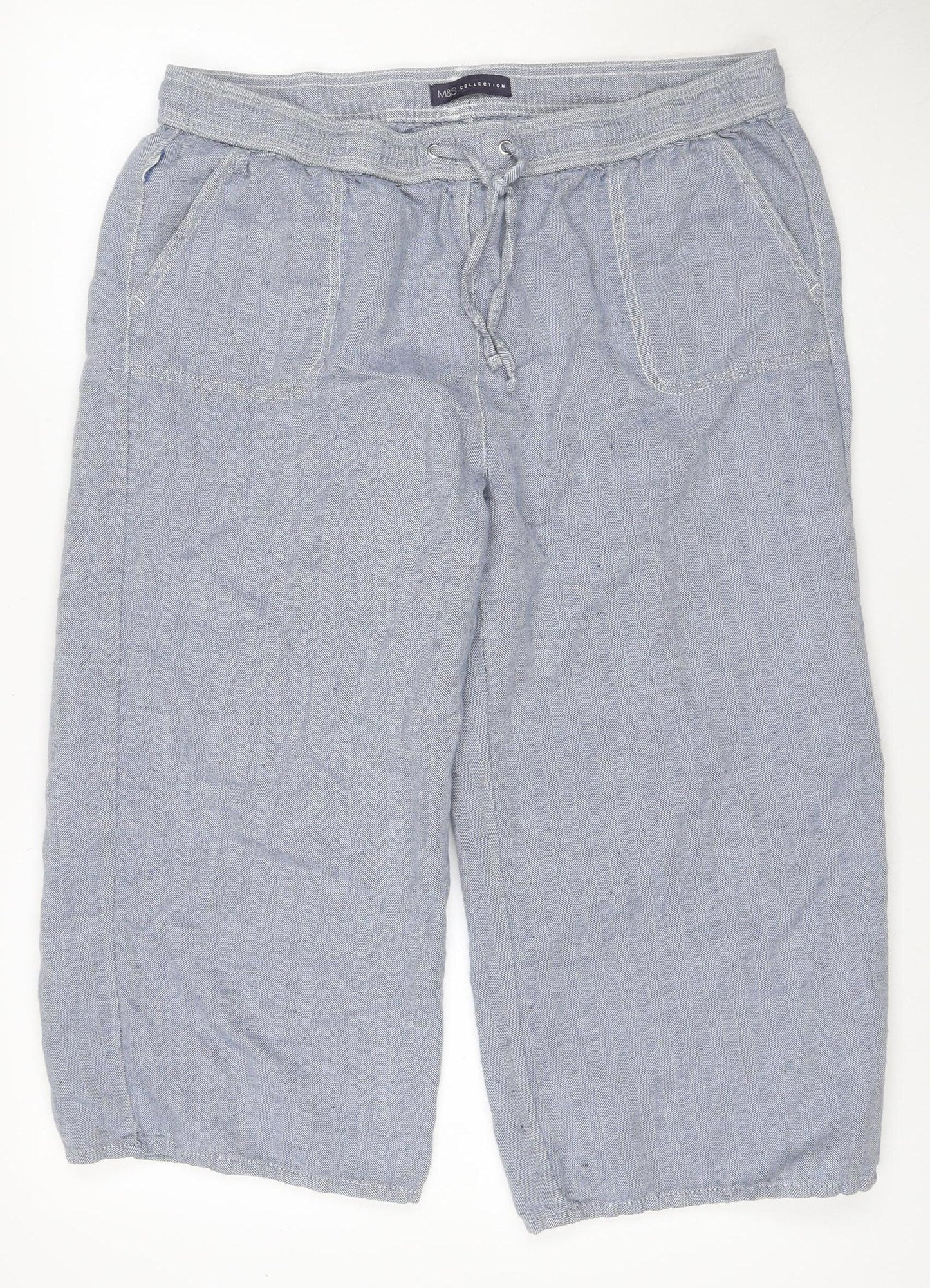 Marks and Spencer Women’s Blue UK 16 Linen Blend Herringbone Trousers