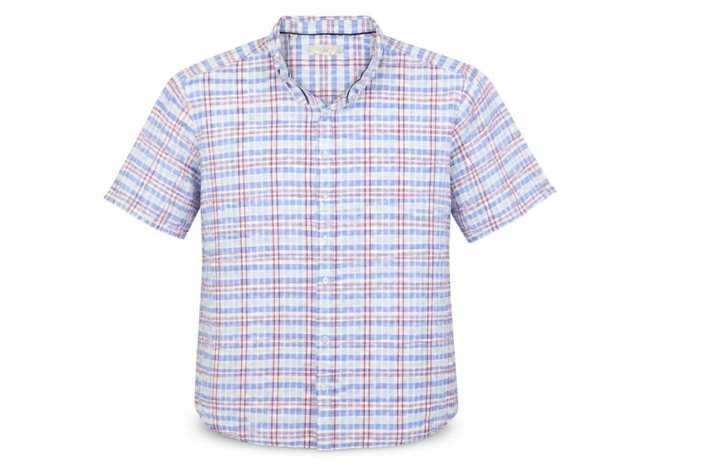 Front view of W&B Men’s Multicoloured Plaid Cotton Short Sleeve Button-Up Shirt, size 14