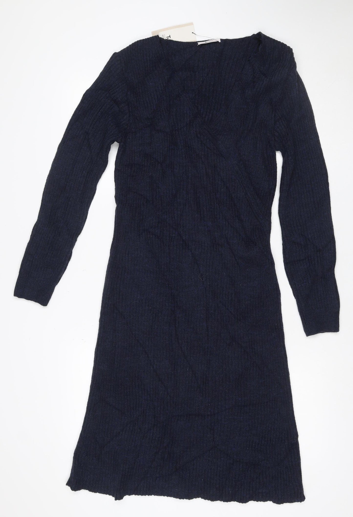 Tu Women Blue Size 16 V-Neck Long Sleeve Ribbed Knit Midi Jumper Dress