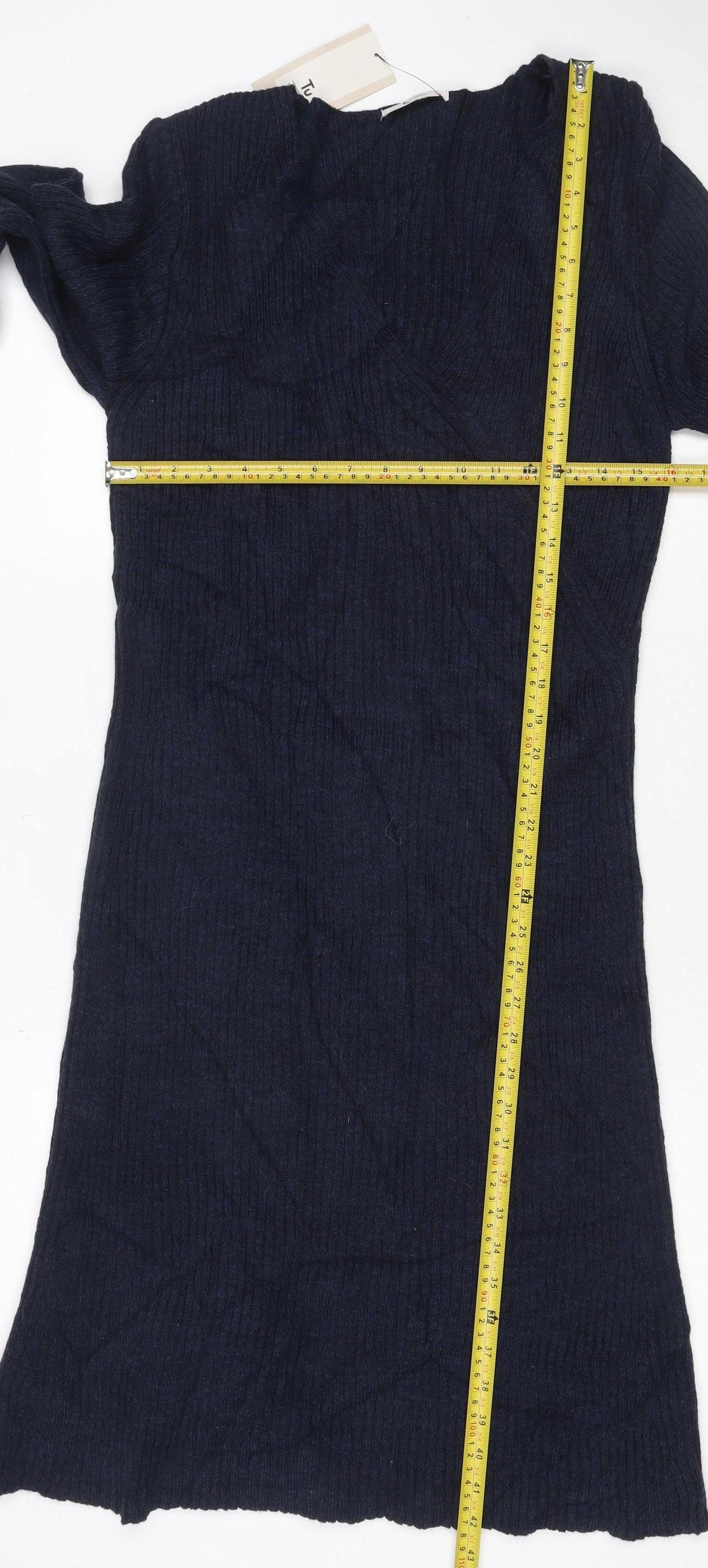 Tu Women Blue Size 16 V-Neck Long Sleeve Ribbed Knit Midi Jumper Dress