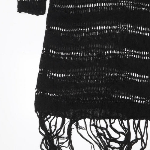 Zara Women Black M Knit Fringe Jumper Dress Long Sleeve Sheer