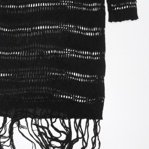 Zara Women Black M Knit Fringe Jumper Dress Long Sleeve Sheer