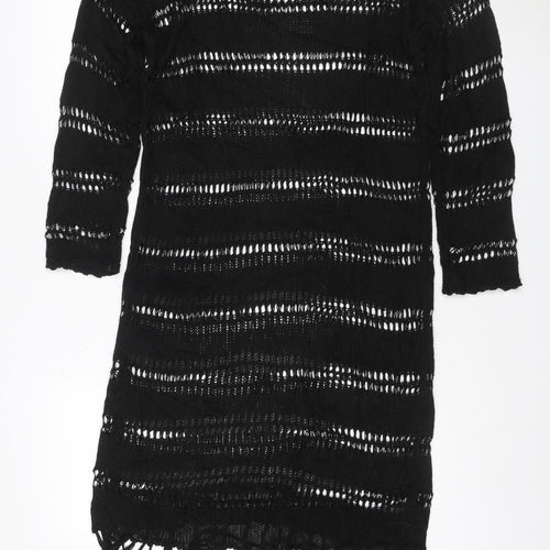 Zara Women Black M Knit Fringe Jumper Dress Long Sleeve Sheer