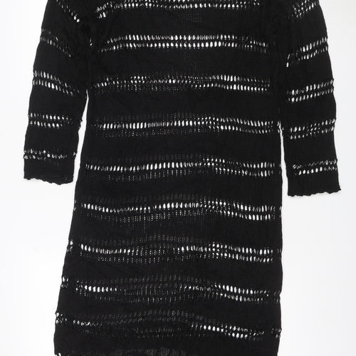 Zara Women Black M Knit Fringe Jumper Dress Long Sleeve Sheer