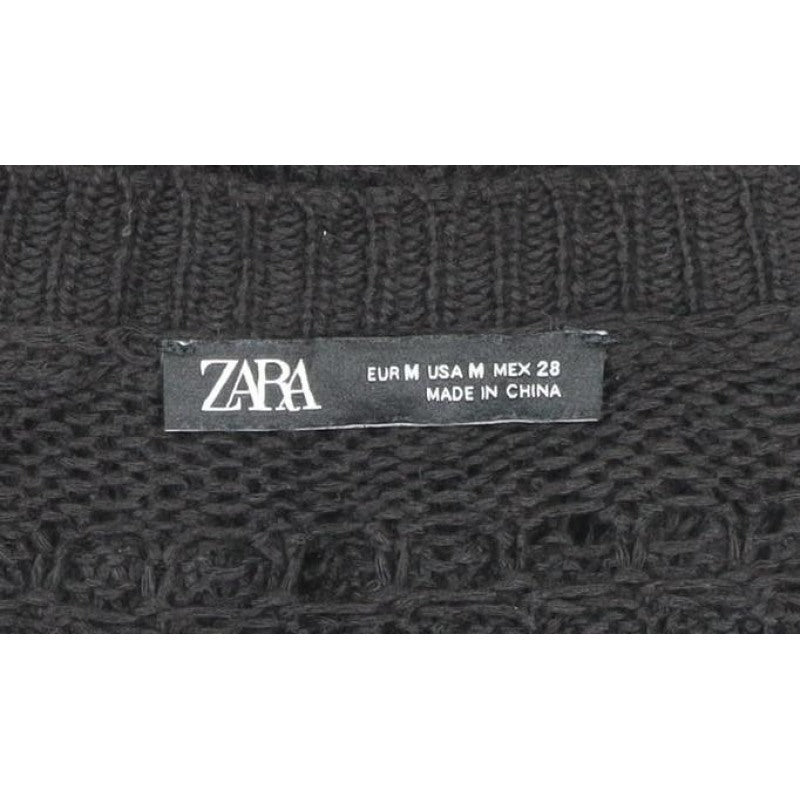 Zara Women Black M Knit Fringe Jumper Dress Long Sleeve Sheer