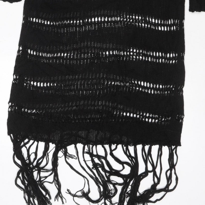Zara Women Black M Knit Fringe Jumper Dress Long Sleeve Sheer