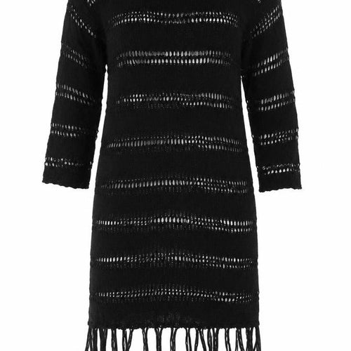 Zara Women Black M Knit Fringe Jumper Dress Long Sleeve Sheer