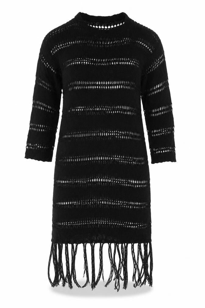 Zara Women Black M Knit Fringe Jumper Dress Long Sleeve Sheer