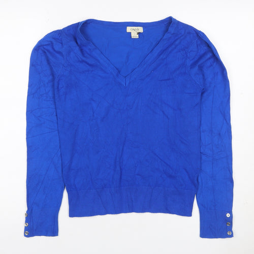 Oasis Women Blue V-Neck Long Sleeve Button Cuff Knit Jumper UK 10