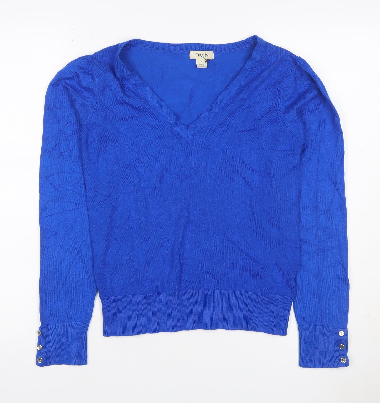 Oasis Women Blue V-Neck Long Sleeve Button Cuff Knit Jumper UK 10