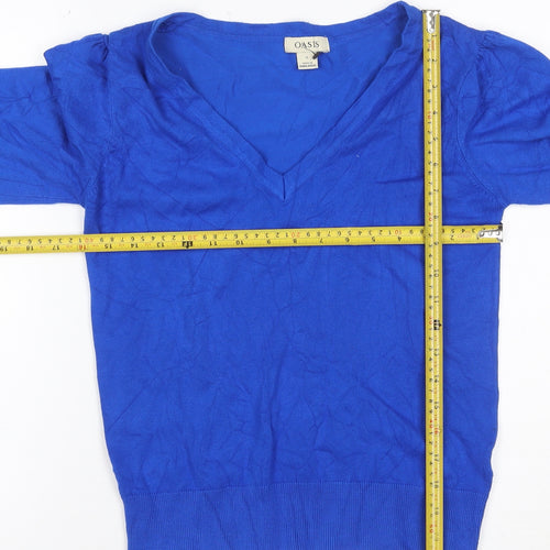 Oasis Women Blue V-Neck Long Sleeve Button Cuff Knit Jumper UK 10