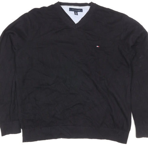 Tommy Hilfiger Men's Black L V-Neck Cotton Logo Pullover Jumper