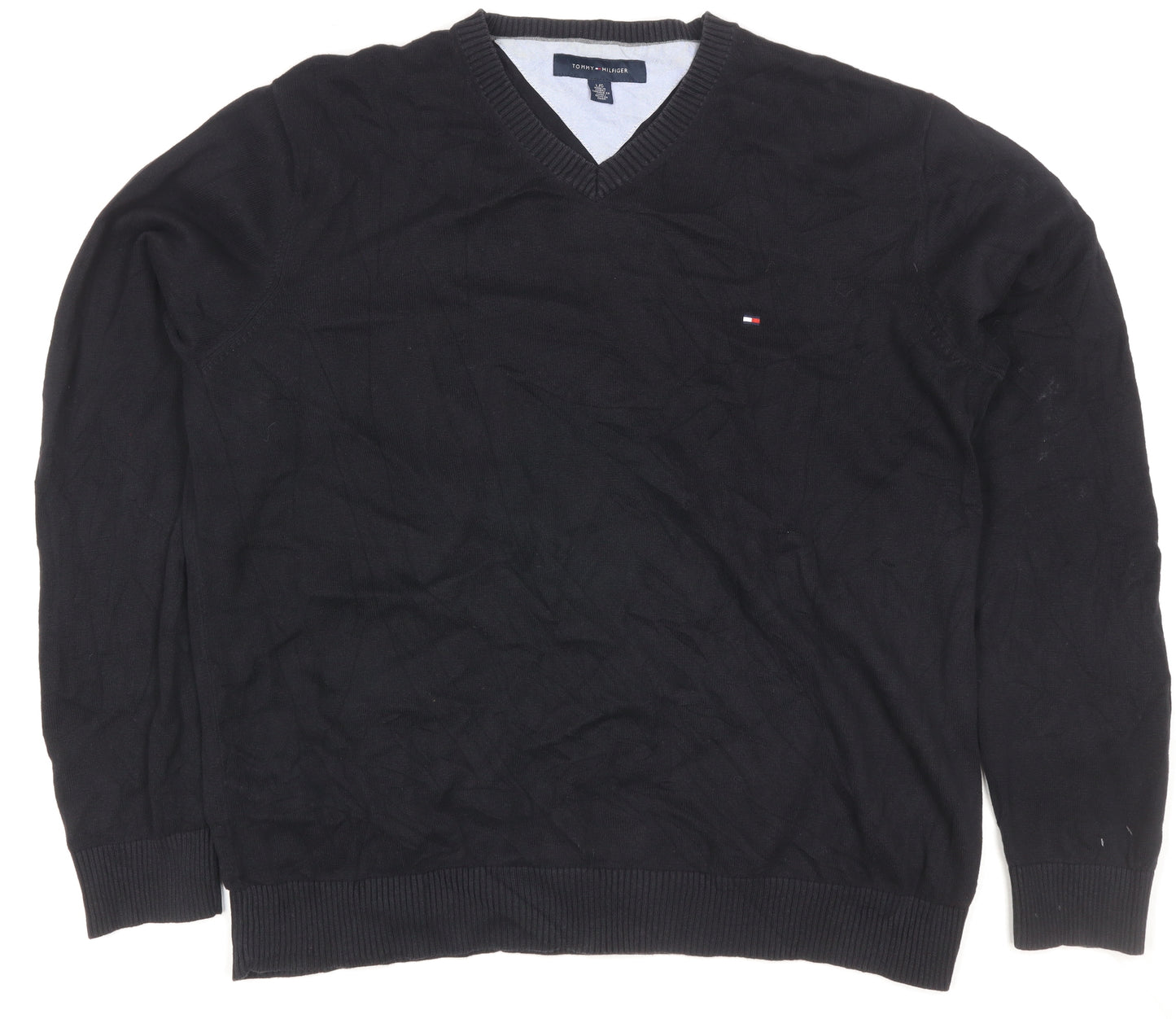 Tommy Hilfiger Men's Black L V-Neck Cotton Logo Pullover Jumper