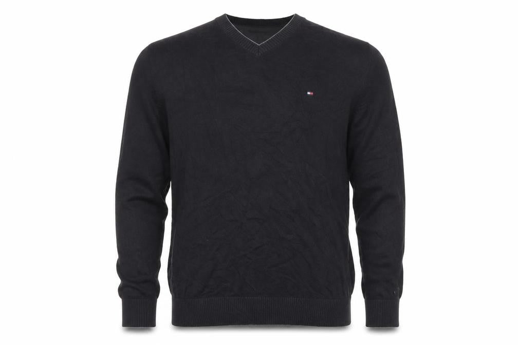 Tommy Hilfiger Men's Black L V-Neck Cotton Logo Pullover Jumper