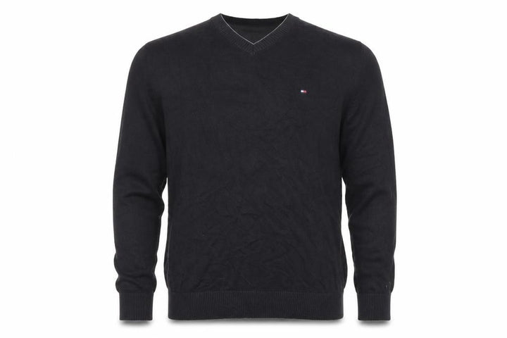Tommy Hilfiger Men's Black L V-Neck Cotton Logo Pullover Jumper