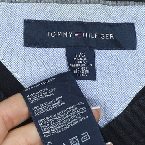 Tommy Hilfiger Men's Black L V-Neck Cotton Logo Pullover Jumper