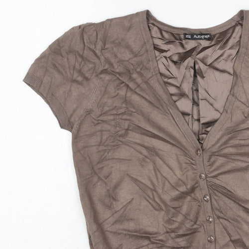 M&S Autograph Women Brown UK 12 V-Neck Ruffle Button Cardigan