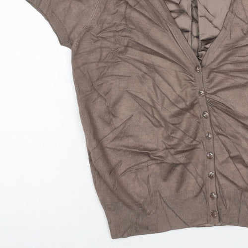 M&S Autograph Women Brown UK 12 V-Neck Ruffle Button Cardigan