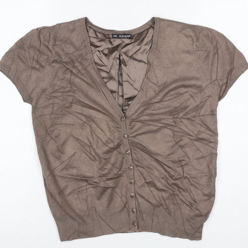 M&S Autograph Women Brown UK 12 V-Neck Ruffle Button Cardigan