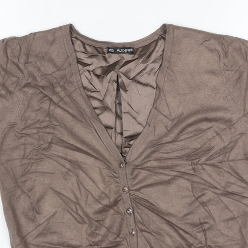 M&S Autograph Women Brown UK 12 V-Neck Ruffle Button Cardigan