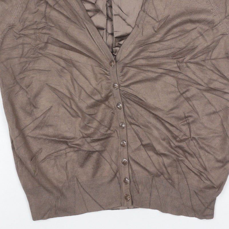 M&S Autograph Women Brown UK 12 V-Neck Ruffle Button Cardigan