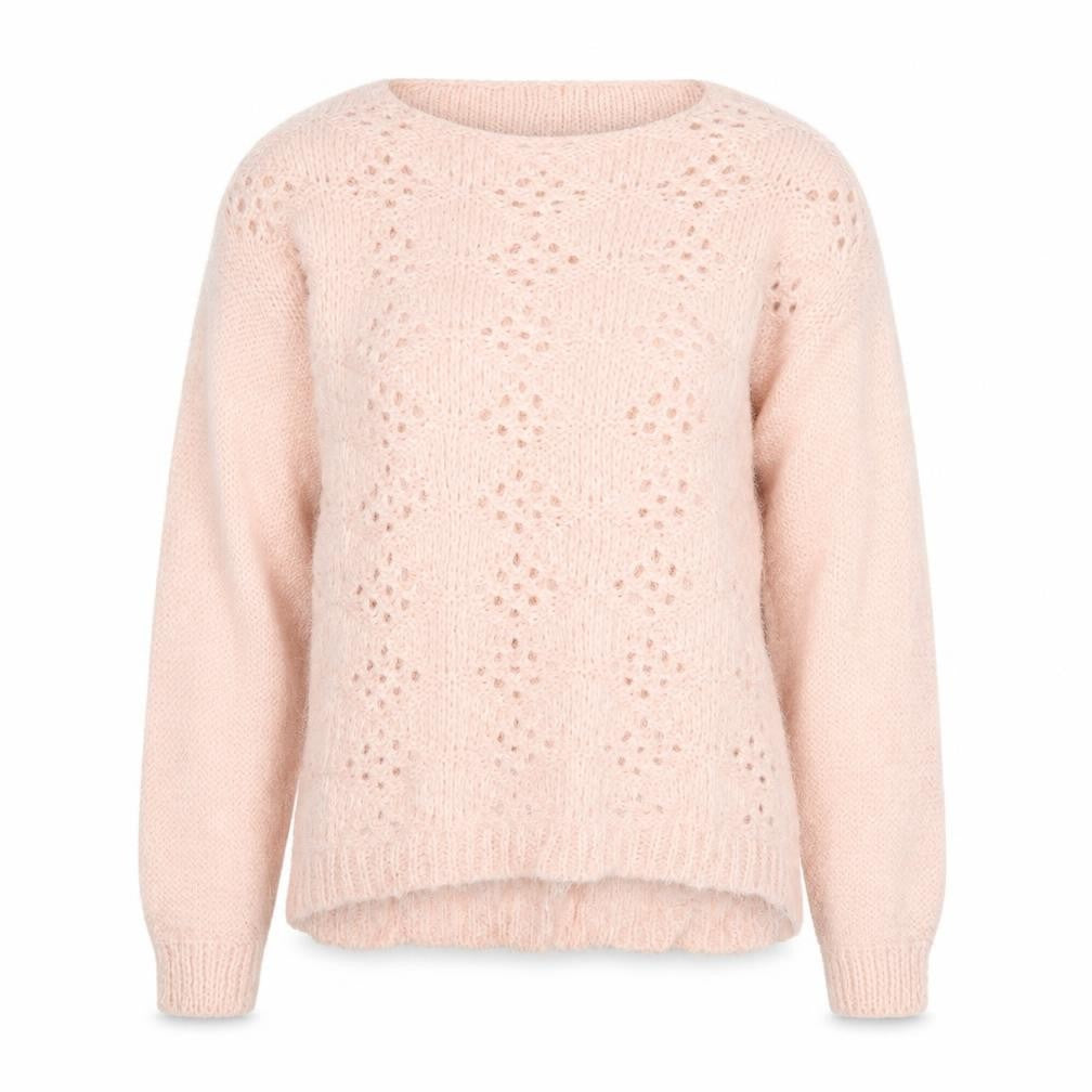 Front view of Aftershock Women Pink One Size Fluffy Open-Knit Long Sleeve Jumper