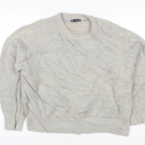 Zara Women’s Grey Fuzzy Cable Knit Crew Neck Jumper Size M