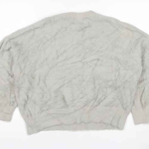 Zara Women’s Grey Fuzzy Cable Knit Crew Neck Jumper Size M