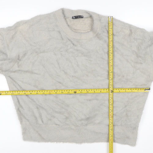 Zara Women’s Grey Fuzzy Cable Knit Crew Neck Jumper Size M
