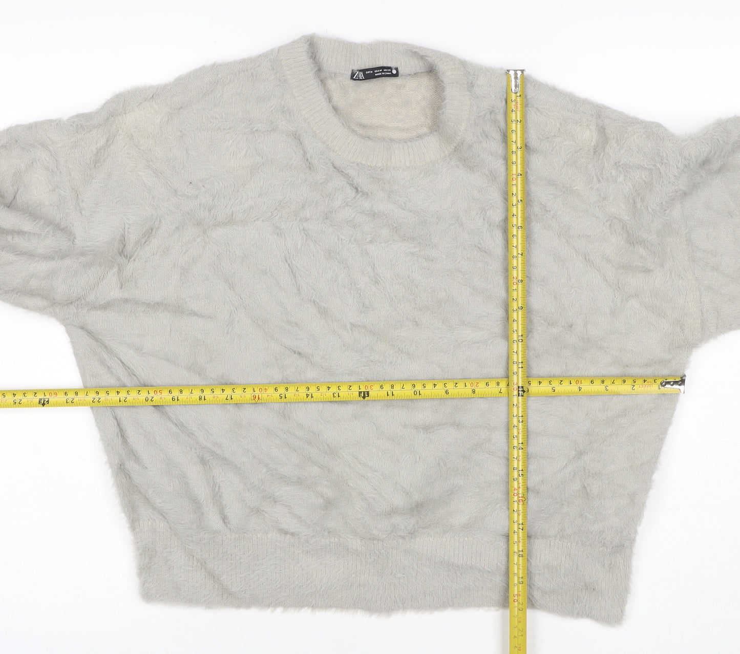 Zara Women’s Grey Fuzzy Cable Knit Crew Neck Jumper Size M