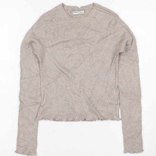 Pull&Bear Women Beige S Ribbed Crew Neck Slim Fit Jumper