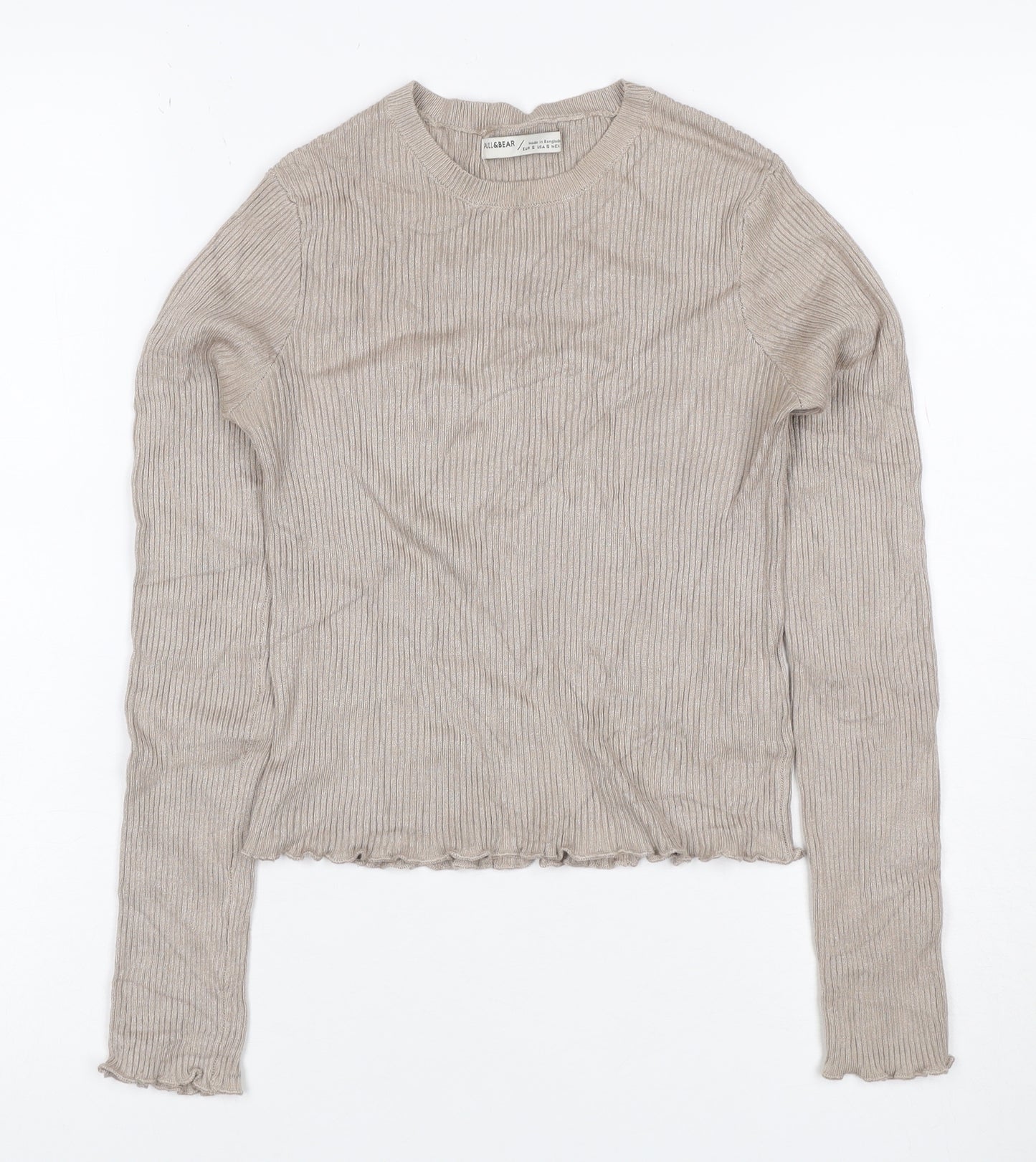 Pull&Bear Women Beige S Ribbed Crew Neck Slim Fit Jumper
