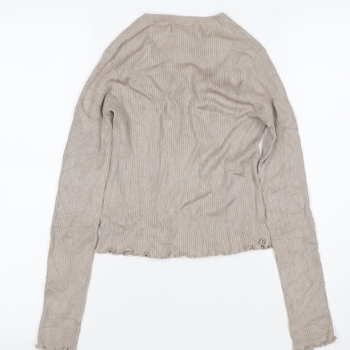 Pull&Bear Women Beige S Ribbed Crew Neck Slim Fit Jumper