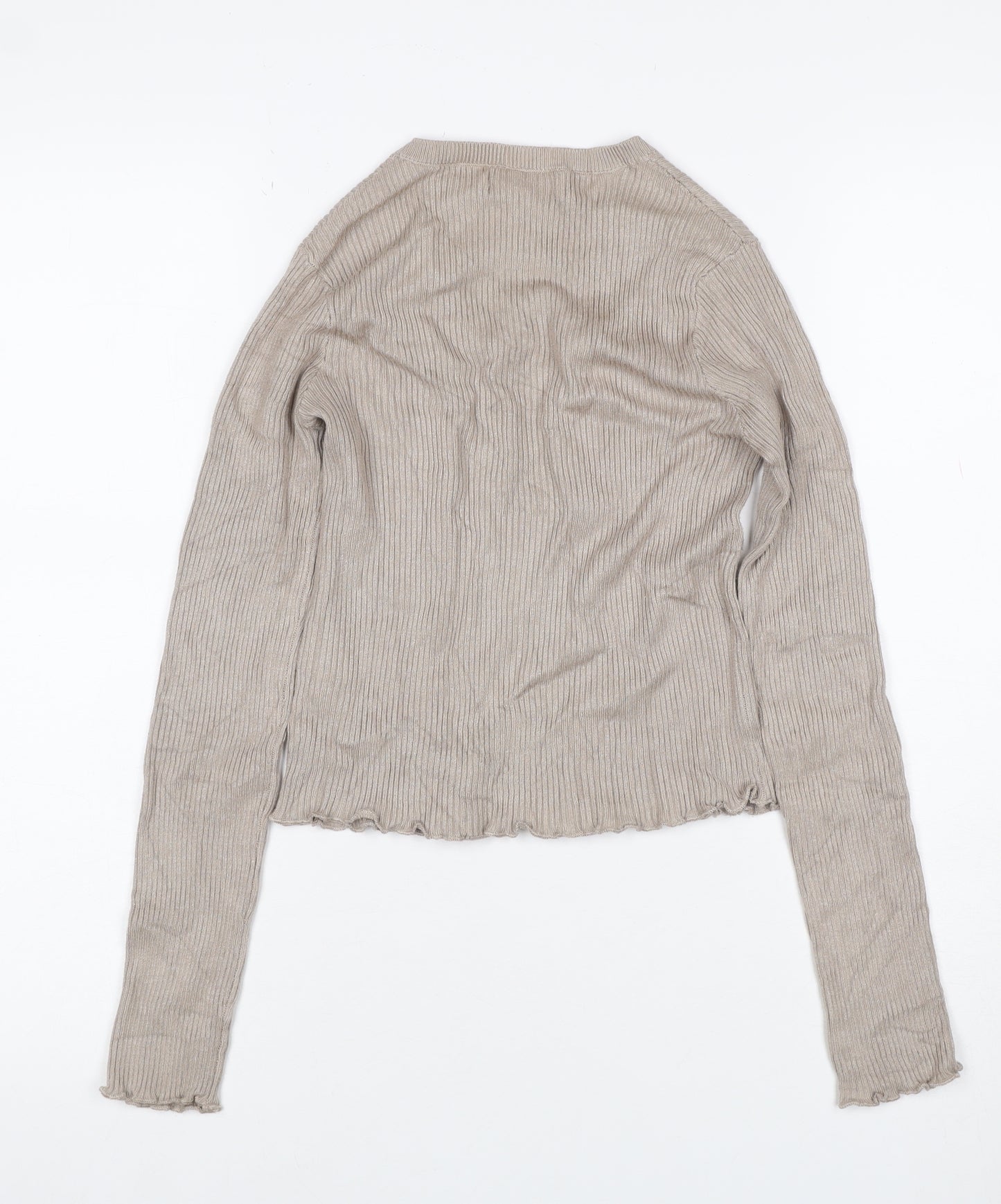 Pull&Bear Women Beige S Ribbed Crew Neck Slim Fit Jumper