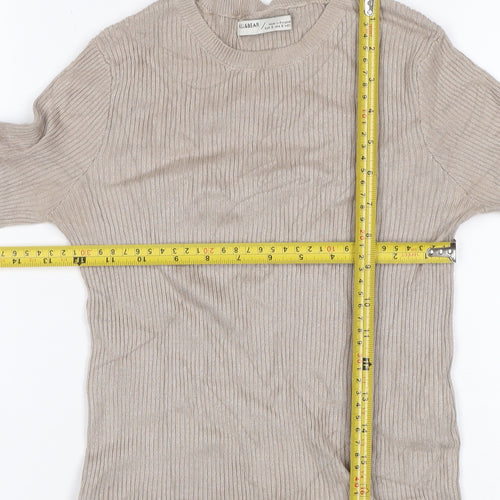 Pull&Bear Women Beige S Ribbed Crew Neck Slim Fit Jumper