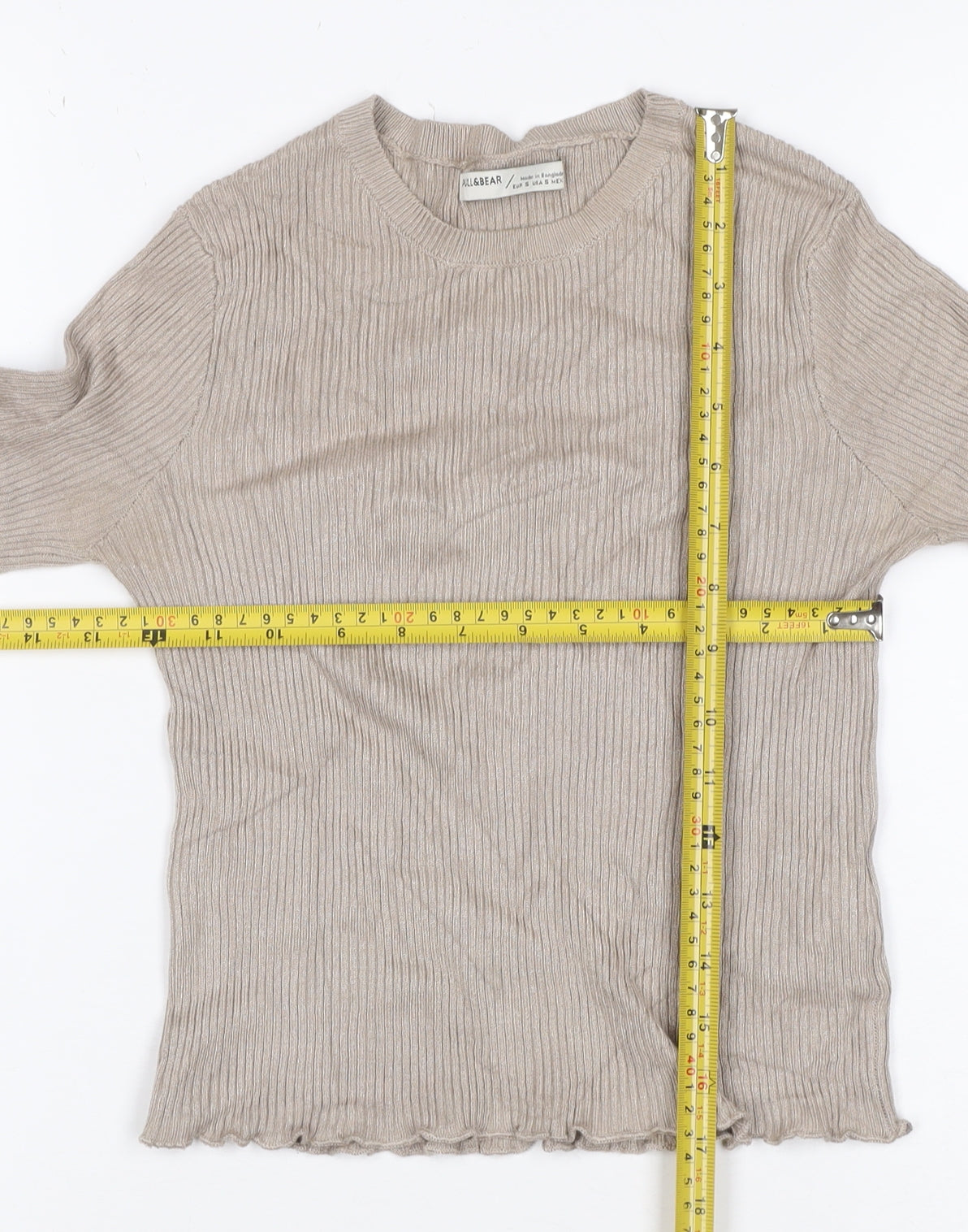 Pull&Bear Women Beige S Ribbed Crew Neck Slim Fit Jumper