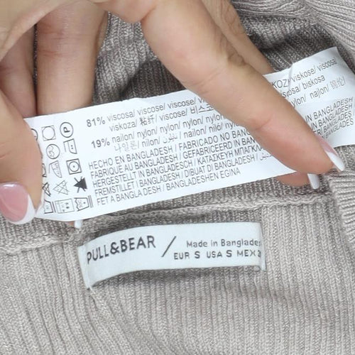 Pull&Bear Women Beige S Ribbed Crew Neck Slim Fit Jumper