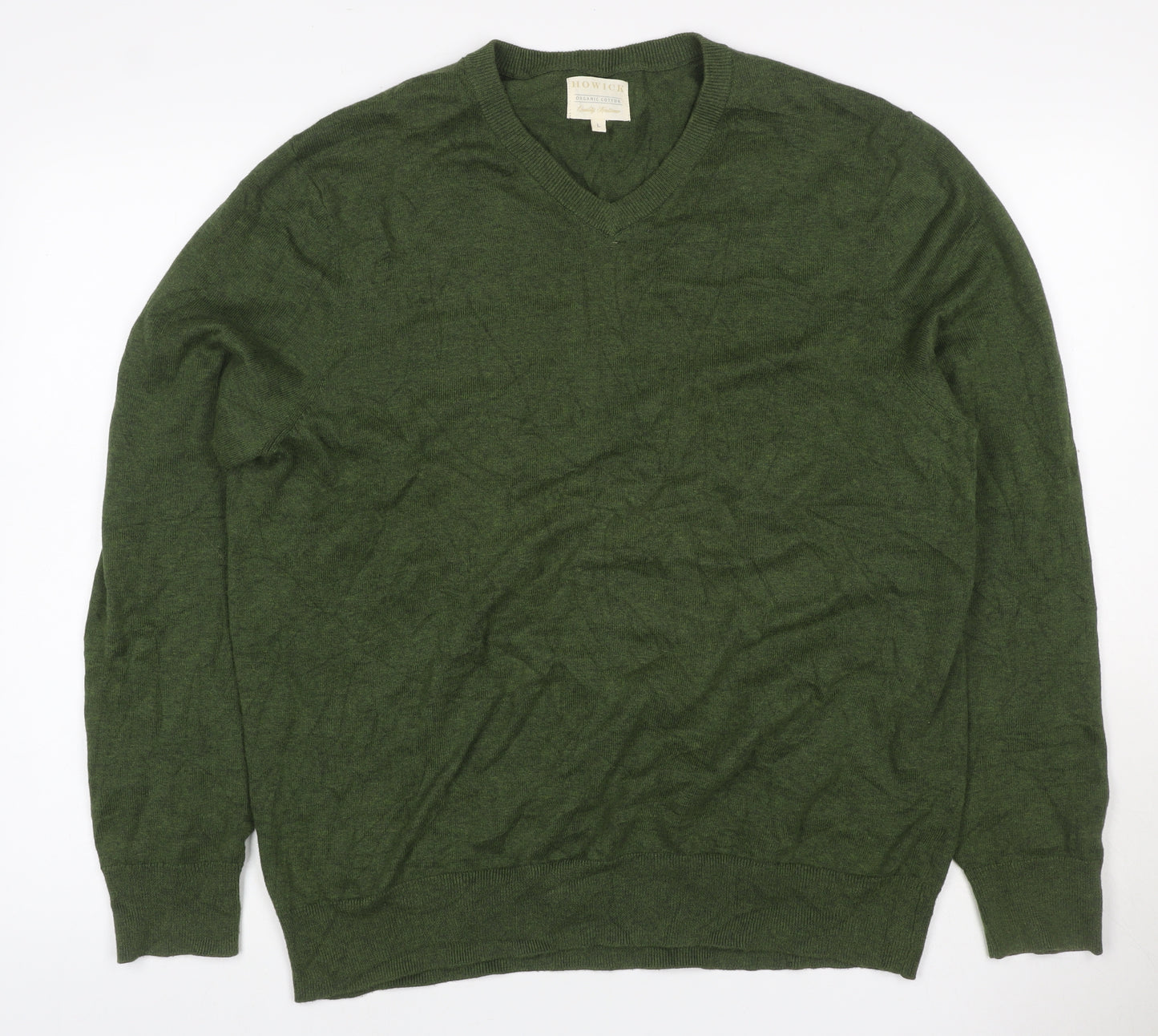 Howick Men’s Green L V-Neck Organic Cotton Knit Pullover Jumper