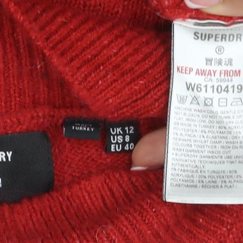 Superdry Women’s Red UK 12 Roll Neck Wool Blend Knit Jumper