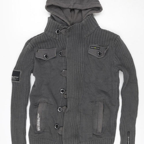 Crosshatch Men’s Grey Small Hooded Knit Military Button Jacket