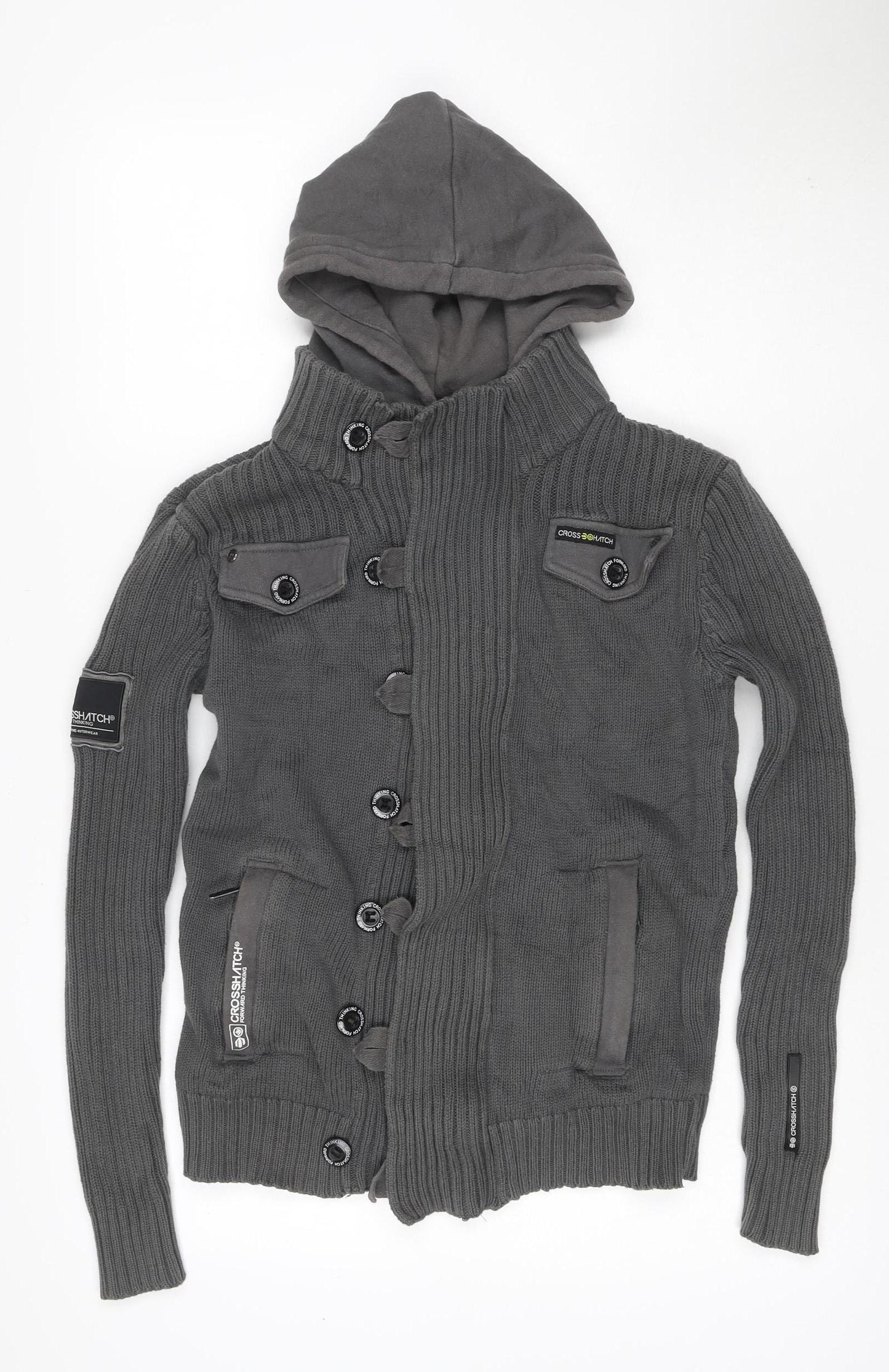 Crosshatch Men’s Grey Small Hooded Knit Military Button Jacket